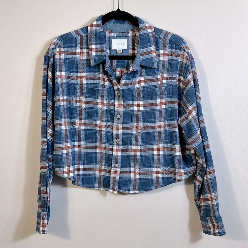 American Eagle Blue Red White Plaid Stripe Crop Long Sleeve Shirt Women Small